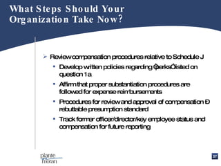 What Steps Should Your Organization Take Now? Review compensation procedures relative to Schedule J Develop written policies regarding “perks” listed on question 1a Affirm that proper substantiation procedures are followed for expense reimbursements Procedures for review and approval of compensation – rebuttable presumption standard Track former officer/director/key employee status and compensation for future reporting 