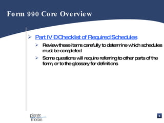Part IV – Checklist of Required Schedules Review these items carefully to determine which schedules must be completed Some questions will require referring to other parts of the form, or to the glossary for definitions Form 990 Core Overview  