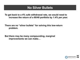No Silver Bullets
23
To get back to a 4% safe withdrawal rate, we would need to
increase the return of a 60/40 portfolio by 1.4% per year.
There are no “silver bullets” for solving this low-return
problem.
But there may be many compounding, marginal
improvements we can make…
 