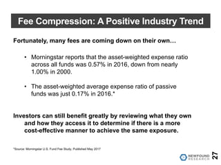 Fee Compression: A Positive Industry Trend
27
*Source: Morningstar U.S. Fund Fee Study, Published May 2017
Fortunately, many fees are coming down on their own…
• Morningstar reports that the asset-weighted expense ratio
across all funds was 0.57% in 2016, down from nearly
1.00% in 2000.
• The asset-weighted average expense ratio of passive
funds was just 0.17% in 2016.*
Investors can still benefit greatly by reviewing what they own
and how they access it to determine if there is a more
cost-effective manner to achieve the same exposure.
 