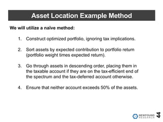 Asset Location Example Method
We will utilize a naïve method:
1. Construct optimized portfolio, ignoring tax implications.
2. Sort assets by expected contribution to portfolio return
(portfolio weight times expected return).
3. Go through assets in descending order, placing them in
the taxable account if they are on the tax-efficient end of
the spectrum and the tax-deferred account otherwise.
4. Ensure that neither account exceeds 50% of the assets.
44
 