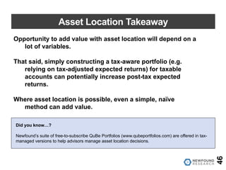 Asset Location Takeaway
Opportunity to add value with asset location will depend on a
lot of variables.
That said, simply constructing a tax-aware portfolio (e.g.
relying on tax-adjusted expected returns) for taxable
accounts can potentially increase post-tax expected
returns.
Where asset location is possible, even a simple, naïve
method can add value.
46
Did you know…?
Newfound’s suite of free-to-subscribe QuBe Portfolios (www.qubeportfolios.com) are offered in tax-
managed versions to help advisors manage asset location decisions.
 