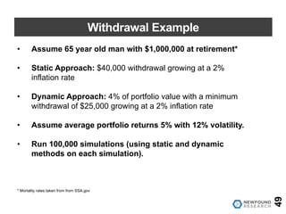 Withdrawal Example
• Assume 65 year old man with $1,000,000 at retirement*
• Static Approach: $40,000 withdrawal growing at a 2%
inflation rate
• Dynamic Approach: 4% of portfolio value with a minimum
withdrawal of $25,000 growing at a 2% inflation rate
• Assume average portfolio returns 5% with 12% volatility.
• Run 100,000 simulations (using static and dynamic
methods on each simulation).
49
* Mortality rates taken from from SSA.gov
 