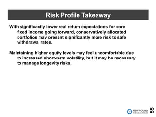 Risk Profile Takeaway
With significantly lower real return expectations for core
fixed income going forward, conservatively allocated
portfolios may present significantly more risk to safe
withdrawal rates.
Maintaining higher equity levels may feel uncomfortable due
to increased short-term volatility, but it may be necessary
to manage longevity risks.
55
 
