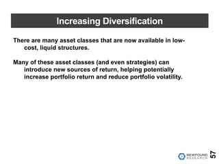 Increasing Diversification
57
There are many asset classes that are now available in low-
cost, liquid structures.
Many of these asset classes (and even strategies) can
introduce new sources of return, helping potentially
increase portfolio return and reduce portfolio volatility.
 