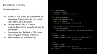 Dependencies In-Memory
class order(Model):
discount = Float()
line_ids = One2many('order_id')
class order_line(Model):
order_id = Many2one('order')
price = Float()
subtotal = Float(compute="get_total")
@api.depends('price','order_id.discount')
def get_total(self):
self.subtotal = self.price * self.order_id.discount
# Odoo 12
for order in self:
order.discount = 10.0 # SELECT id WHERE order_id
# UPDATE order
# Odoo 13
for order in self:
order.discount = 10.0 # no SQL
self.flush() # UPDATE order WHERE id IN ()
Whenever possible
➔ instead of SQL query, get inverse field, ex:
to evaluate @depends(‘order_id’), check
value of line_ids in the cache
➔ usually avoids a SELECT as the
implementation of the compute will read the
same object
➔ if no inverse field, fall back to SQL query
(e.g. many2one without a one2many)
➔ when create(), set one2many to []
 