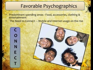 Favorable Psychographics Predominant spending areas - Food, accessories, clothing & entertainment  The Need to Connect  – Mobile and Internet usage on the rise C O N N E C T 