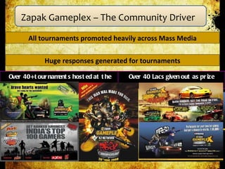 Over 40+ tournaments hosted at the Gameplex Over 40 Lacs given out as prize money Huge responses generated for tournaments All tournaments promoted heavily across Mass Media Zapak Gameplex – The Community Driver  