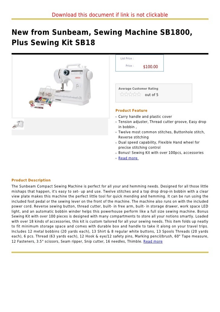 New from sunbeam, sewing machine sb1800, plus sewing kit sb18