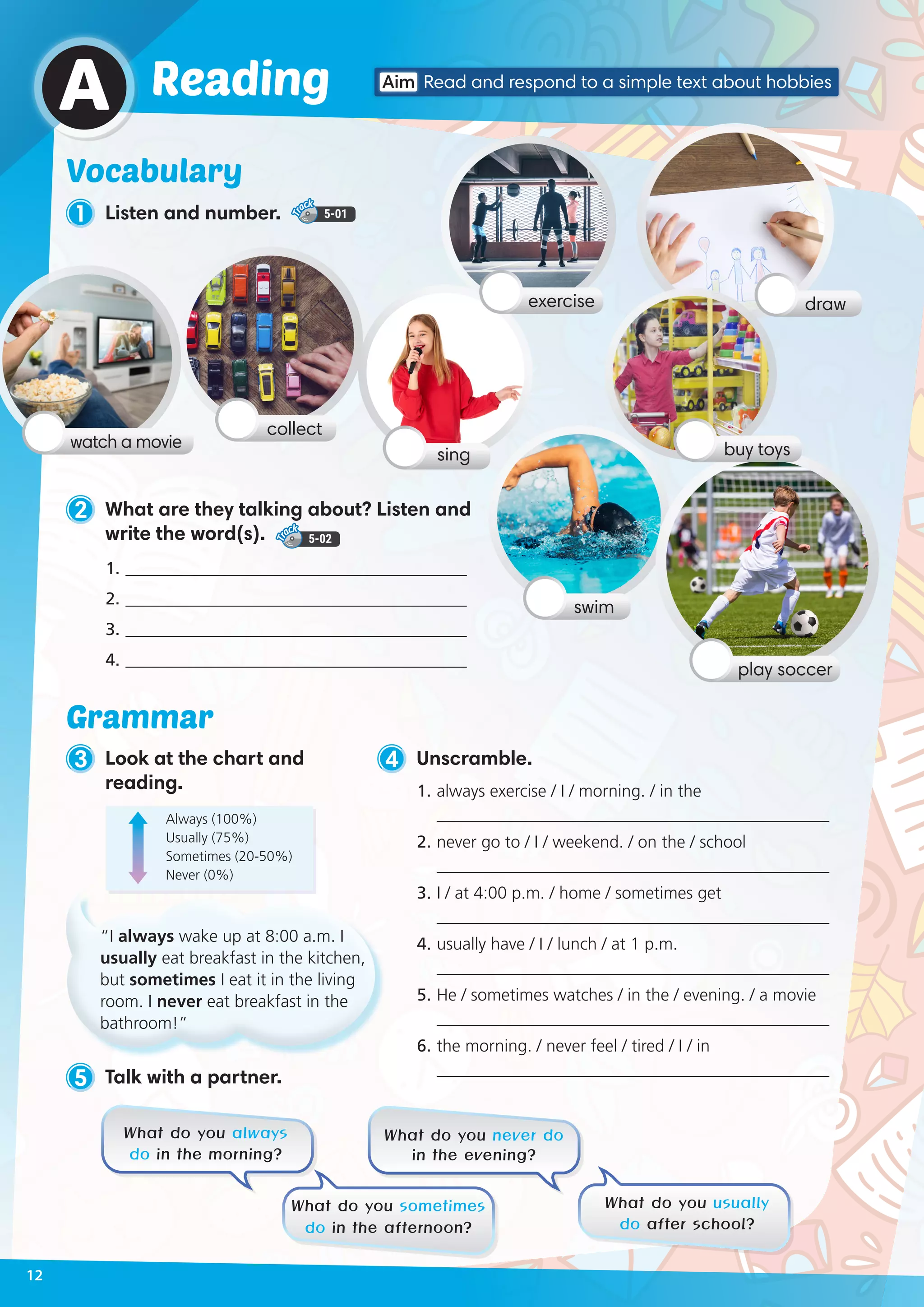 5 Talk with a partner.
2 What are they talking about? Listen and
write the word(s). 5-02
1. 	________________________________________
2. 	________________________________________
3. 	________________________________________
4. 	________________________________________
What do you always
do in the morning?
What do you never do
in the evening?
What do you sometimes
do in the afternoon?
What do you usually
do after school?
Vocabulary
1 Listen and number. 5-01
A Aim Read and respond to a simple text about hobbiesReading
3 Look at the chart and
reading.
watch a movie
swim
sing
collect
drawexercise
play soccer
4 Unscramble.
1.	always exercise / I / morning. / in the
______________________________________________
2.	never go to / I / weekend. / on the / school
______________________________________________
3.	I / at 4:00 p.m. / home / sometimes get
______________________________________________
4.	usually have / I / lunch / at 1 p.m.
______________________________________________
5.	He / sometimes watches / in the / evening. / a movie
______________________________________________
6.	the morning. / never feel / tired / I / in
______________________________________________
Always (100%)
Usually (75%)
Sometimes (20-50%)
Never (0%)
Grammar
“I always wake up at 8:00 a.m. I
usually eat breakfast in the kitchen,
but sometimes I eat it in the living
room. I never eat breakfast in the
bathroom!”
buy toys
12
 