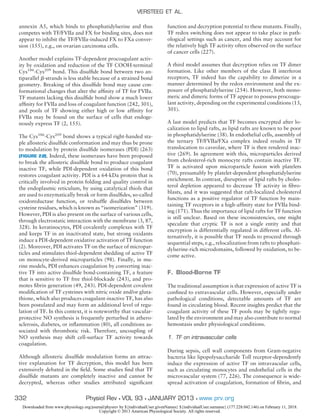 annexin A5, which binds to phosphatidylserine and thus
competes with TF/FVIIa and FX for binding sites, does not
appear to inhibit the TF/FVIIa-induced FX to FXa conver-
sion (155), e.g., on ovarian carcinoma cells.
Another model explains TF-dependent procoagulant activ-
ity by oxidation and reduction of the TF COOH-terminal
Cys186
-Cys209
bond. This disulﬁde bond between two an-
tiparallel ␤-strands is less stable because of a strained bond
geometry. Breaking of this disulﬁde bond may cause con-
formational changes that alter the afﬁnity of TF for FVIIa.
TF mutants lacking this disulﬁde bond show a much lower
afﬁnity for FVIIa and loss of coagulant function (242, 301),
and pools of TF showing either high or low afﬁnity for
FVIIa may be found on the surface of cells that endoge-
nously express TF (2, 155).
The Cys186
-Cys209
bond shows a typical right-handed sta-
ple allosteric disulﬁde conformation and may thus be prone
to modulation by protein disulﬁde isomerases (PDI) (263)
(FIGURE 2B). Indeed, these isomerases have been proposed
to break the allosteric disulﬁde bond to produce coagulant
inactive TF, while PDI-dependent oxidation of this bond
restores coagulant activity. PDI is a 64-kDa protein that is
critically involved in protein folding and quality control in
the endoplasmic reticulum, by using catalytical thiols that
are used to enzymatically break or form disulﬁdes, so-called
oxidoreductase function, or reshufﬂe disulﬁdes between
cysteine residues, which is known as “isomerization” (319).
However, PDI is also present on the surface of various cells,
through electrostatic interaction with the membrane (3, 87,
328). In keratinocytes, PDI covalently complexes with TF
and keeps TF in an inactivated state, but strong oxidants
induce a PDI-dependent oxidative activation of TF function
(2). Moreover, PDI activates TF on the surface of micropar-
ticles and stimulates thiol-dependent shedding of active TF
on monocyte-derived microparticles (98). Finally, in mu-
rine models, PDI enhances coagulation by converting inac-
tive TF into active disulﬁde bond-containing TF, a feature
that is sensitive to TF free thiol-blockade (243), and pro-
motes ﬁbrin generation (49, 243). PDI-dependent covalent
modiﬁcation of TF cysteines with nitric oxide and/or gluta-
thione, which also produces coagulant-inactive TF, has also
been postulated and may form an additional level of regu-
lation of TF. In this context, it is noteworthy that vascular-
protective NO synthesis is frequently perturbed in athero-
sclerosis, diabetes, or inﬂammation (80), all conditions as-
sociated with thrombotic risk. Therefore, uncoupling of
NO synthesis may shift cell-surface TF activity towards
coagulation.
Although allosteric disulﬁde modulation forms an attrac-
tive explanation for TF decryption, this model has been
extensively debated in the ﬁeld. Some studies ﬁnd that TF
disulﬁde mutants are completely inactive and cannot be
decrypted, whereas other studies attributed signiﬁcant
function and decryption potential to these mutants. Finally,
TF redox switching does not appear to take place in path-
ological settings such as cancer, and this may account for
the relatively high TF activity often observed on the surface
of cancer cells (227).
A third model assumes that decryption relies on TF dimer
formation. Like other members of the class II interferon
receptors, TF indeed has the capability to dimerize in a
manner determined by the redox environment and the ex-
posure of phosphatidylserine (254). However, both mono-
meric and dimeric forms of TF appear to possess procoagu-
lant activity, depending on the experimental conditions (13,
301).
A last model predicts that TF becomes encrypted after lo-
calization to lipid rafts, as lipid rafts are known to be poor
in phosphatidylserine (38). In endothelial cells, assembly of
the ternary TF/FVIIa/FXa complex indeed results in TF
translocation to caveolae, where TF is then rendered inac-
tive (269). In agreement with this, microparticles derived
from cholesterol-rich monocyte rafts contain inactive TF.
TF is activated upon microparticle fusion with platelets
(70), presumably by platelet-dependent phosphatidylserine
enrichment. In contrast, disruption of lipid rafts by choles-
terol depletion appeared to decrease TF activity in ﬁbro-
blasts, and it was suggested that raft-localized cholesterol
functions as a positive regulator of TF function by main-
taining TF receptors in a high-afﬁnity state for FVIIa bind-
ing (171). Thus the importance of lipid rafts for TF function
is still unclear. Based on these inconsistencies, one might
speculate that cryptic TF is not a single entity and that
encryption is differentially regulated in different cells. Al-
ternatively, it is possible that TF needs to proceed through
sequential steps, e.g., relocalization from rafts to phosphati-
dylserine-rich microdomains, followed by oxidation, to be-
come active.
F. Blood-Borne TF
The traditional assumption is that expression of active TF is
conﬁned to extravascular cells. However, especially under
pathological conditions, detectable amounts of TF are
found in circulating blood. Recent insights predict that the
coagulant activity of these TF pools may be tightly regu-
lated by the environment and may also contribute to normal
hemostasis under physiological conditions.
1. TF on intravascular cells
During sepsis, cell wall components from Gram-negative
bacteria like lipopolysaccharide Toll receptor-dependently
induce the expression of active TF on intravascular cells,
such as circulating monocytes and endothelial cells in the
microvascular system (77, 226). The consequence is wide-
spread activation of coagulation, formation of ﬁbrin, and
VERSTEEG ET AL.
332 Physiol Rev • VOL 93 • JANUARY 2013 • www.prv.org
Downloaded from www.physiology.org/journal/physrev by ${individualUser.givenNames} ${individualUser.surname} (177.228.042.146) on February 11, 2018.
Copyright © 2013 American Physiological Society. All rights reserved.
 