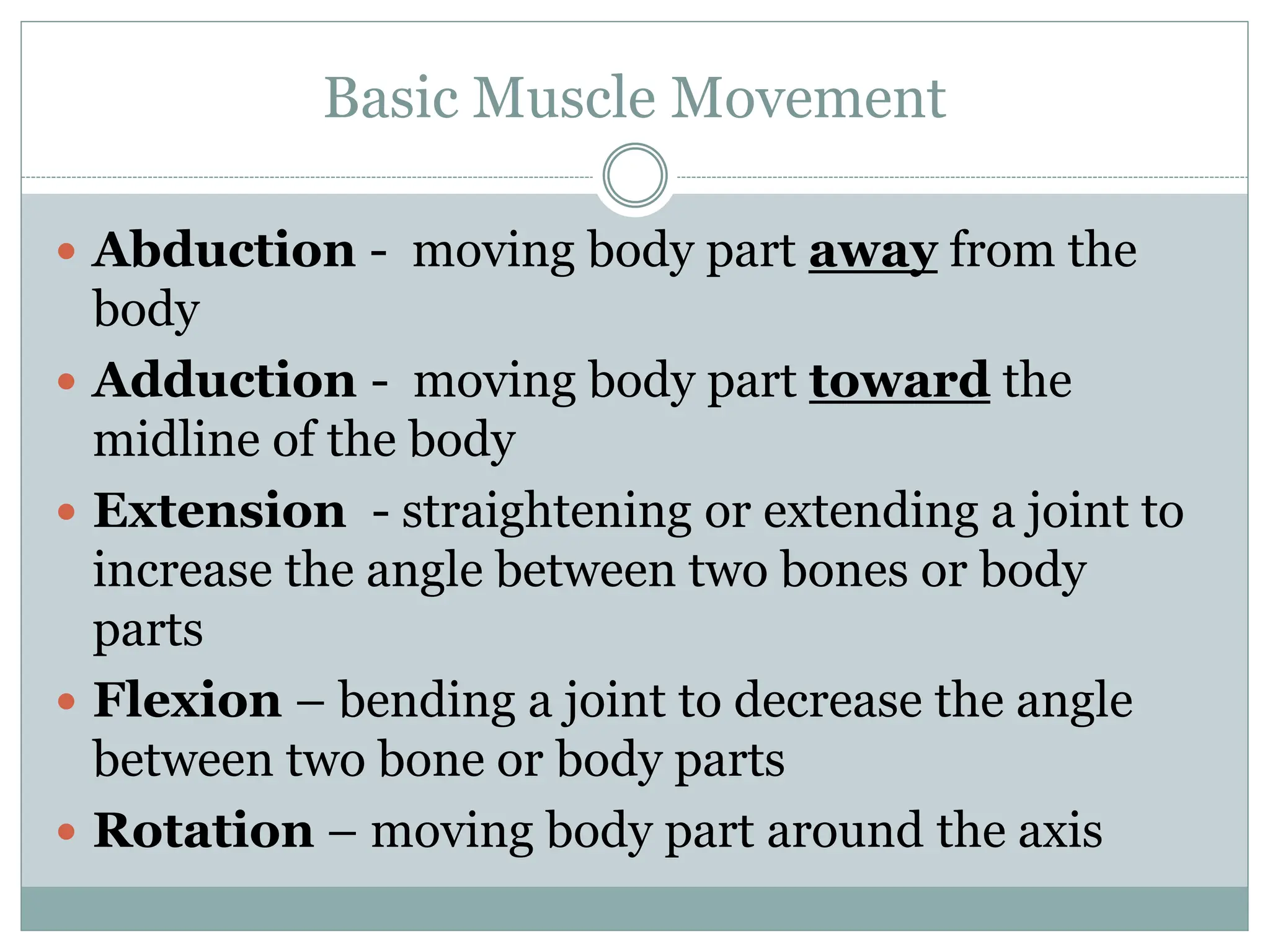  Abduction - moving body part away from the
body
 Adduction - moving body part toward the
midline of the body
 Extension - straightening or extending a joint to
increase the angle between two bones or body
parts
 Flexion – bending a joint to decrease the angle
between two bone or body parts
 Rotation – moving body part around the axis
Basic Muscle Movement
 