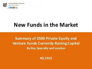 New Funds in the Market
Summary of 2500 Private Equity and
Venture Funds Currently Raising Capital
By Size, Specialty and Location
4Q 2015
Critical Mission Partners
Get There Faster
1
 