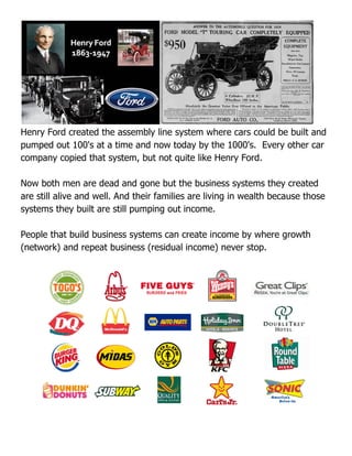 Henry Ford created the assembly line system where cars could be built and
pumped out 100's at a time and now today by the 1000's. Every other car
company copied that system, but not quite like Henry Ford.
Now both men are dead and gone but the business systems they created
are still alive and well. And their families are living in wealth because those
systems they built are still pumping out income.
People that build business systems can create income by where growth
(network) and repeat business (residual income) never stop.
 