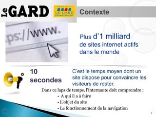 5
Dans ce laps de temps, l'internaute doit comprendre :
C’est le temps moyen dont un
site dispose pour convaincre les
visiteurs de rester.
10
secondes
• A qui il a à faire
• L'objet du site
• Le fonctionnement de la navigation
Plus d’1 milliard
de sites internet actifs
dans le monde
 