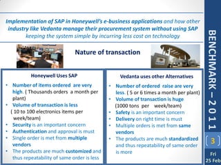 Implementation of SAP in Honeywell’s e-business applications and how other
 industry like Vedanta manage their procurement system without using SAP




                                                                                          BENCHMARK – 2 0 1 1
        keeping the system simple by incurring less cost on technology

                               Nature of transaction


           Honeywell Uses SAP                      Vedanta uses other Alternatives
• Number of items ordered are very            • Number of ordered raise are very
   high. ( Thousands orders a month per         less. ( 5 or 6 times a month per plant)
   plant)                                     • Volume of transaction is huge
• Volume of transaction is less                 (1000 tons per week/team)
  ( 10 to 100 electronics items per           • Safety is an important concern
    week/team)                                • Delivery on right time is must
• Security is an important concern            • Multiple orders is met from same
• Authentication and approval is must           vendors
• Single order is met from multiple           • The products are much standardized
   vendors                                      and thus repeatability of same order
                                                                                                 3
• The products are much customized and          is more                                     Fri
   thus repeatability of same order is less
                                                                                          25 Feb
 
