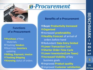 e-Procurement




                                                               BENCHMARK – 2 0 1 1
                                Benefits of e-Procurement

                             Buyer Productivity Increased
       Functions             Organized
   of e-Procurement          Increased predictability
                             Healthy Forecast of arrival of
Purchase of Raw               orders before hand
  Materials                  Redundant Data Entry limited
Tracking Vendors
                             Lower Transaction Cost
Real time inventory
 updating                    Shorter Order-Time Cycle
Billing, Payment, Invoice   Lower Inventories(Low Taxes)
Tracking Shipping           Increased Visibility of key
Knowing status of orders     business goals                          5
                             Improved Product quality
                                                                 Fri
                             Improved Customer satisfaction   25 Feb
 