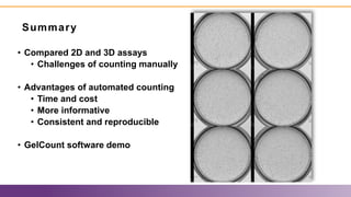 Summary
• Compared 2D and 3D assays
• Challenges of counting manually
• Advantages of automated counting
• Time and cost
• More informative
• Consistent and reproducible
• GelCount software demo
 