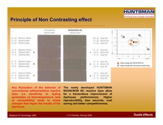 Principle of Non Contrasting effect
Shade change with NOVACRON NC
Textile EffectsResearch & Technology /JMS C.O.C Mumbai, February 2009
Any fluctuation of the behavior of
conventional yellow/red/blue reactive
dyes (i.e sensitivity to dyeing
parameters as time-temperature, lack
of compatibility) leads to shade
changes that impair the results of the
dyehouse.
The newly developed HUNTSMAN
NOVACRON NC reactive dyes allow
for a tremendous improvement of
dyehouse performances: Higher
reproducibility, less seconds, cost
saving and better competitiveness.
Shade change with NOVACRON NC
Shade change with conventional reactive dyes
 