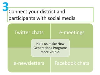 3Connect your district and
  participants with social media

     Twitter chats          e-meetings
              Help us make New
             Generations Programs
                 more visible.


    e-newsletters        Facebook chats
 