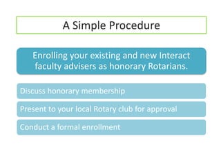 A Simple Procedure

   Enrolling your existing and new Interact
   faculty advisers as honorary Rotarians.

Discuss honorary membership

Present to your local Rotary club for approval

Conduct a formal enrollment
 
