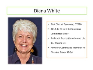 Diana White

     • Past District Governor, D7020
     • 2012-13 RI New Generations
       Committee Chair
     • Assistant Rotary Coordinator 11-
       13, RI Zone 34
     • Advisory Committee Member, RI
       Director Zones 33-34
 
