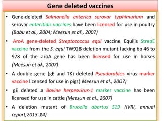 Gene deleted vaccines
• Gene-deleted Salmonella enterica serovar typhimurium and
serovar enteritidis vaccines have been licensed for use in poultry
(Babu et al., 2004; Meesun et al., 2007)
• AroA gene-deleted Streptococcus equi vaccine Equilis StrepE
vaccine from the S. equi TW928 deletion mutant lacking bp 46 to
978 of the aroA gene has been licensed for use in horses
(Meesun et al., 2007)
• A double gene (gE and TK) deleted Pseudorabies virus marker
vaccine licensed for use in pigs( Meesun et al., 2007)
• gE deleted a Bovine herpesvirus-1 marker vaccine has been
licensed for use in cattle (Meesun et al., 2007)
• A deletion mutant of Brucella abortus S19 (IVRI, annual
report,2013-14)
 