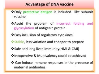 21
Advantage of DNA vaccine
Only protective antigen is included like subunit
vaccine
Avoid the problem of incorrect folding and
glycosylation of antigenic protein
Easy inclusion of regulatory cytokines
Stable, less variation and cheaper to prepare
Safe and long lived immunity(HMI & CMI)
Inexpensive & Multivalency could be achieved
 Can induce immune responses in the presence of
maternal antibodies
 