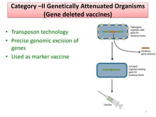 9
• Transposon technology
• Precise genomic excision of
genes
• Used as marker vaccine
Category –II Genetically Attenuated Organisms
(Gene deleted vaccines)
 