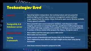 Technologies Used
Java.6.0 • Operating System independent, fast evolving mature and very powerful
platform highly used for large enterprise management system software
• Larger support from the market. Many third party open source libraries available
• Proven upward scalability
PostgreSQL 8.X
Database server
• More powerful open source enterprise database, more focused on data
integrity, and stricter at complying with SQL specifications (wiki.postgresql.org).
• Very stable with large scalability and available on Windows and Linux platforms
• A number of library related other projects like DSpace, Evergreen uses it
Apache Tomcat • Most widely used free and open source Web server
• Most stable and Java based.
Spring
Framework
• Earlier version of NewGenLib used Session EJBs in the Service layer.
• This is replaced by more efficient and light weight service layer using Spring
framework
• Uses lesser memory footprint compared to EJBs
 