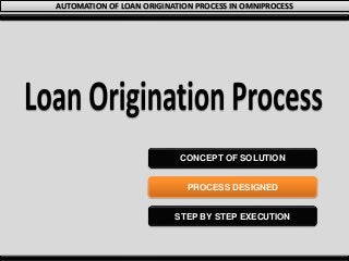 AUTOMATION OF LOAN ORIGINATION PROCESS IN OMNIPROCESS
CONCEPT OF SOLUTION
PROCESS DESIGNED
STEP BY STEP EXECUTION
 