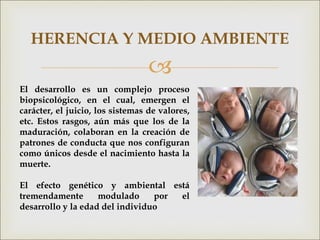 
HERENCIA Y MEDIO AMBIENTE
El desarrollo es un complejo proceso
biopsicológico, en el cual, emergen el
carácter, el juicio, los sistemas de valores,
etc. Estos rasgos, aún más que los de la
maduración, colaboran en la creación de
patrones de conducta que nos configuran
como únicos desde el nacimiento hasta la
muerte.
El efecto genético y ambiental está
tremendamente modulado por el
desarrollo y la edad del individuo
 