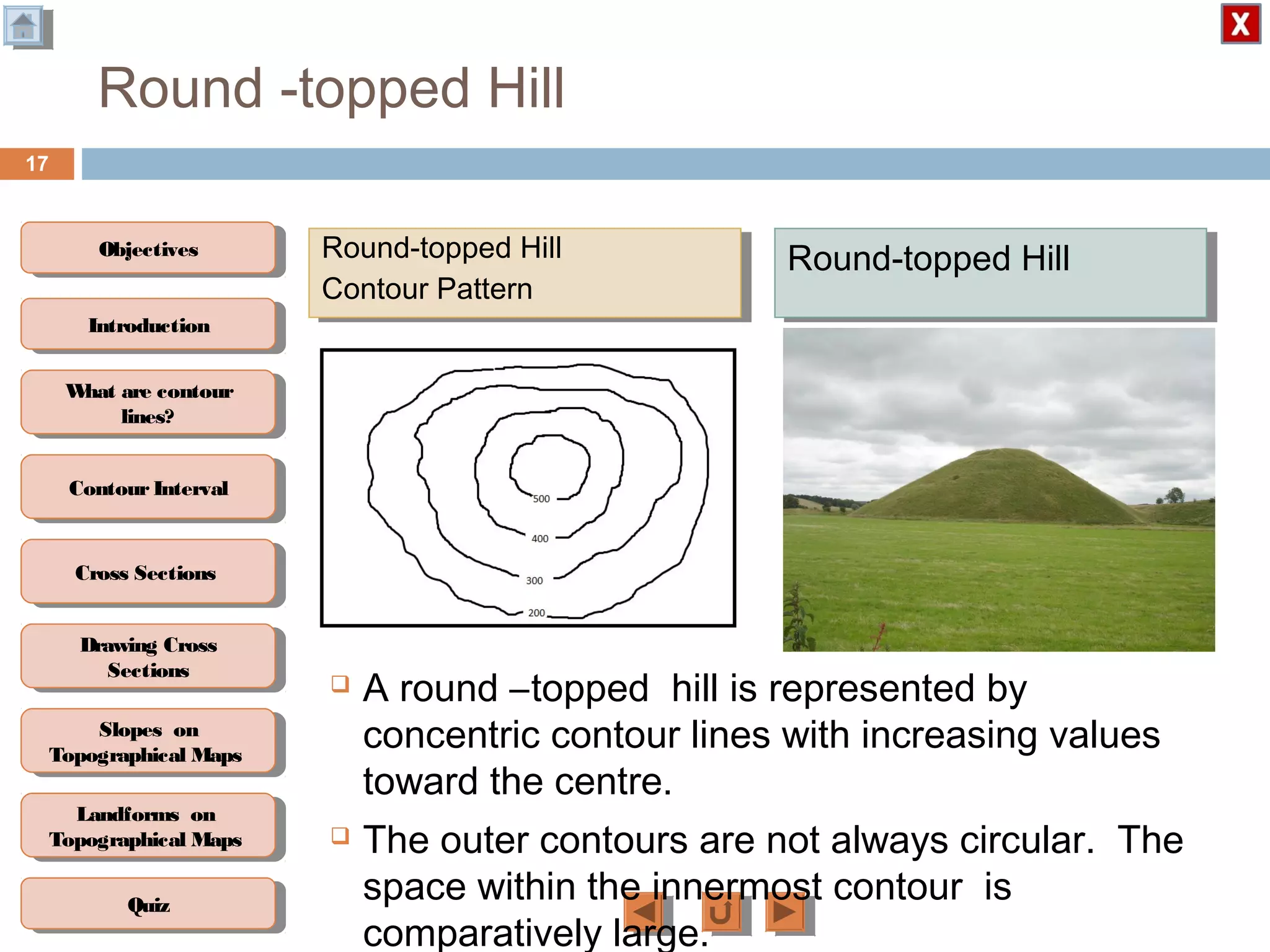 ObjectivesObjectives
What are contour
lines?
What are contour
lines?
ContourIntervalContour Interval
Cross SectionsCross Sections
Drawing Cross
Sections
Drawing Cross
Sections
QuizQuiz
IntroductionIntroduction
Slopes on
Topographical Maps
Slopes on
Topographical Maps
Landforms on
Topographical Maps
Landforms on
Topographical Maps
Round -topped Hill
17
 A round –topped hill is represented by
concentric contour lines with increasing values
toward the centre.
 The outer contours are not always circular. The
space within the innermost contour is
comparatively large.
Round-topped Hill
Contour Pattern
Round-topped Hill
Contour Pattern
Round-topped HillRound-topped Hill
 