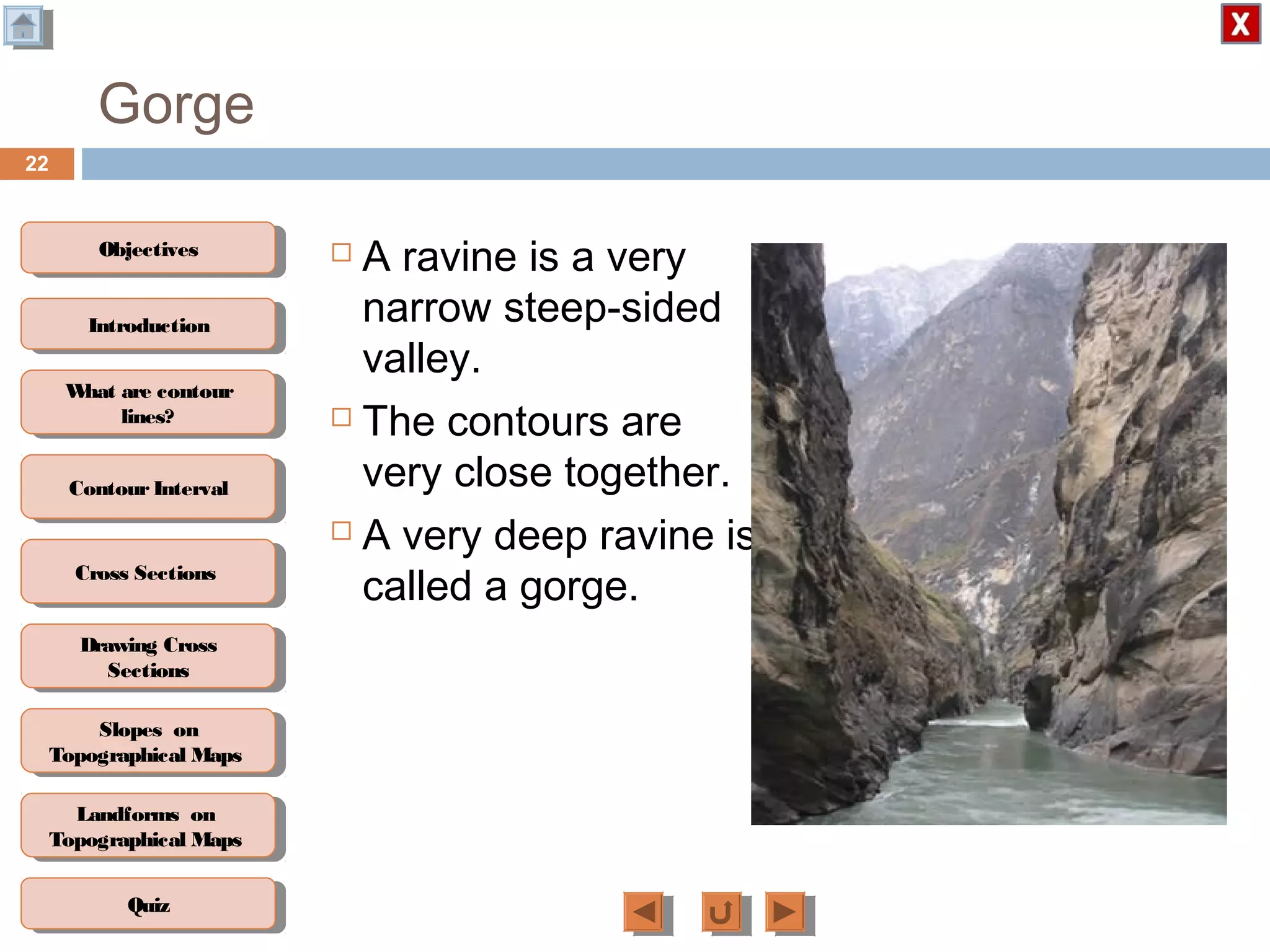 ObjectivesObjectives
What are contour
lines?
What are contour
lines?
ContourIntervalContour Interval
Cross SectionsCross Sections
Drawing Cross
Sections
Drawing Cross
Sections
QuizQuiz
IntroductionIntroduction
Slopes on
Topographical Maps
Slopes on
Topographical Maps
Landforms on
Topographical Maps
Landforms on
Topographical Maps
Gorge
22
 A ravine is a very
narrow steep-sided
valley.
 The contours are
very close together.
 A very deep ravine is
called a gorge.
 