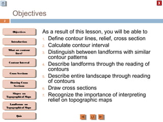 ObjectivesObjectives
What are contour
lines?
What are contour
lines?
ContourIntervalContour Interval
Cross SectionsCross Sections
Drawing Cross
Sections
Drawing Cross
Sections
QuizQuiz
IntroductionIntroduction
Slopes on
Topographical Maps
Slopes on
Topographical Maps
Landforms on
Topographical Maps
Landforms on
Topographical Maps
Objectives
As a result of this lesson, you will be able to
1. Define contour lines, relief, cross section
2. Calculate contour interval
3. Distinguish between landforms with similar
contour patterns
4. Describe landforms through the reading of
contours
5. Describe entire landscape through reading
of contours
6. Draw cross sections
7. Recognize the importance of interpreting
relief on topographic maps
2
 