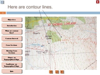 ObjectivesObjectives
What are contour
lines?
What are contour
lines?
ContourIntervalContour Interval
Cross SectionsCross Sections
Drawing Cross
Sections
Drawing Cross
Sections
QuizQuiz
IntroductionIntroduction
Slopes on
Topographical Maps
Slopes on
Topographical Maps
Landforms on
Topographical Maps
Landforms on
Topographical Maps
Here are contour lines.
Contour lines are
lines drawn on
topographic maps
joining places of
equal height above
sea level.
5
 