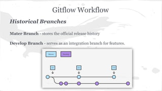 Gitflow Workflow 
Historical Branches 
Mater Branch - stores the official release history 
Develop Branch - serves as an integration branch for features. 
 