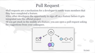 Pull Request 
•Pull requests are a mechanism for a developer to notify team members that 
they have completed a feature. 
•Give other developers the opportunity to sign off on a feature before it gets 
integrated into the official project 
•If you get stuck in the middle of a feature, you can open a pull request asking 
for suggestions from your colleagues. 
Go back 
