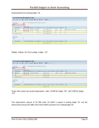 Parallel ledgers in Asset Accounting
New GL Code: FAGL_FLEXGL_IMG Page 25
Displaybalance forLeadingLedger –0L
Display balance for Non-Leading Ledger –X1
Notice that system has posted depreciation value 10,000 for ledger "0L" and 5,000 for ledger
"X1"
Thus depreciation amount of 10, 000 under US GAAP is posted in leading ledger ‘0L’ and the
depreciationamountof 5,000 underIndianGAAPispostedinnon-leadingledger‘X1’
 