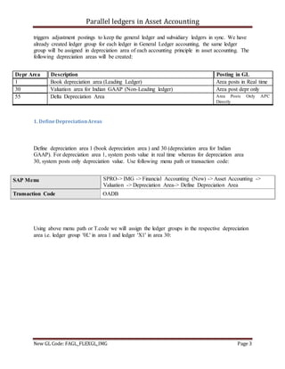 Parallel ledgers in Asset Accounting
New GL Code: FAGL_FLEXGL_IMG Page 3
triggers adjustment postings to keep the general ledger and subsidiary ledgers in sync. We have
already created ledger group for each ledger in General Ledger accounting, the same ledger
group will be assigned in depreciation area of each accounting principle in asset accounting. The
following depreciation areas will be created:
1. DefineDepreciationAreas
Define depreciation area 1 (book depreciation area ) and 30 (depreciation area for Indian
GAAP). For depreciation area 1, system posts value in real time whereas for depreciation area
30, system posts only depreciation value. Use following menu path or transaction code:
Using above menu path or T.code we will assign the ledger groups in the respective depreciation
area i.e. ledger group '0L' in area 1 and ledger 'X1' in area 30:
Depr Area Description Posting in GL
1 Book depreciation area (Leading Ledger) Area posts in Real time
30 Valuation area for Indian GAAP (Non-Leading ledger) Area post depr only
55 Delta Depreciation Area Area Posts Only APC
Directly
SAP Menu SPRO-> IMG -> Financial Accounting (New) -> Asset Accounting ->
Valuation -> Depreciation Area-> Define Depreciation Area
Transaction Code OADB
 
