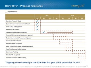14
Rainy River – Progress milestones
2014 2015
Q1 Q2 Q3 Q4 Q1 Q2 Q3 Q4
Complete Feasibility Study
Submit Environmental Assessment Report
Order Long Lead Equipment
Award EPCM Contract
Detailed Engineering & Procurement
Provincial Environmental Assessment Approval
Federal Environmental Assessment Approval
Construction/Other Permits
Arrival of Mobile Equipment
Begin Construction - Water Management Facility
Pour First Concrete for Mill Building
Commence Pre-Strip
Arrival of Mill Equipment
Complete Enclosure of Mill Building
Targeted milestones
1. Near-term milestones based on company plans which are consistent with timelines presented in the Rainy River Technical Report, entitled “Feasibility Study of the Rainy River Project, Ontario, Canada” dated February 14, 2014 and available on SEDAR.
Targeting commissioning in late 2016 with first year of full production in 2017
 