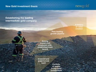 New Gold investment thesis
22
A history
of value
creation
Peer-leading
growth pipeline
Among
lowest-cost
producers with
established track
record
Invested and
experienced
team
Portfolio
of assets
in top-rated
jurisdictions
Establishing the leading
intermediate gold company
 