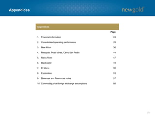 Appendices
23
Appendices
Page
1. Financial information 24
2. Consolidated operating performance 29
3. New Afton 36
4. Mesquite, Peak Mines, Cerro San Pedro 44
5. Rainy River 47
6. Blackwater 49
7. El Morro 50
8. Exploration 53
9. Reserves and Resources notes 57
10. Commodity price/foreign exchange assumptions 66
 
