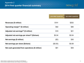 2014 first quarter financial summary
32
2013 FIRST QUARTER2014 FIRST QUARTER
Revenues ($ million) $191 $202
Operating margin(1) ($ million) $92 $96
Adjusted net earnings(2) ($ million) $18 $21
Adjusted net earnings per share(2) ($/share) $0.04 $0.04
Net earnings ($ million) ($2) $36
Net earnings per share ($/share) ($0.00) $0.08
Net cash generated from operations ($ million) $81 $59
1. Refer to Endnote on operating margin under the heading “Non-GAAP Measures”.
2. Refer to Endnote on adjusted net earnings under the heading “Non-GAAP Measures”.
Appendix 2
 