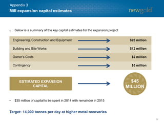 Mill expansion capital estimates
39
Engineering, Construction and Equipment $26 million
Building and Site Works $12 million
Owner’s Costs $2 million
Contingency $5 million
ESTIMATED EXPANSION
CAPITAL
$45
MILLION
• Below is a summary of the key capital estimates for the expansion project
Target: 14,000 tonnes per day at higher metal recoveries
• $35 million of capital to be spent in 2014 with remainder in 2015
Appendix 3
 