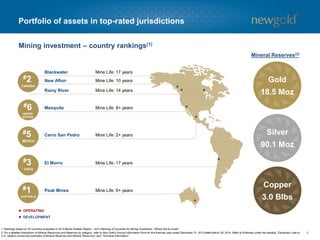 Portfolio of assets in top-rated jurisdictions
Blackwater
New Afton
Rainy River
Mesquite
Cerro San Pedro
El Morro
Peak Mines
Mine Life: 17 years
Mine Life: 10 years
Mine Life: 14 years
Mine Life: 8+ years
Mine Life: 2+ years
Mine Life: 17 years
Mine Life: 6+ years
#2
CANADA
#6
UNITED
STATES
#5
MEXICO
#3
CHILE
#1
AUSTRALIA
OPERATING
DEVELOPMENT
4
Mining investment – country rankings(1)
1. Rankings based on 25 countries evaluated in 2013 Behre Dolbear Report – 2013 Ranking of Countries for Mining Investment: “Where Not to Invest”.
2. For a detailed breakdown of Mineral Resources and Reserves by category, refer to New Gold’s Annual Information Form for the financial year ended December 31, 2013 dated March 28, 2014. Refer to Endnotes under the heading “Cautionary note to
U.S. readers concerning estimates of Mineral Reserves and Mineral Resources” and “Technical Information”.
Gold
18.5 Moz
Silver
90.1 Moz
Copper
3.0 Blbs
Mineral Reserves(2)
 