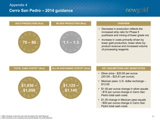 46
• Silver price - $20.00 per ounce
(2013A – $23.61 per ounce)
• Mexican peso: U.S. dollar exchange –
$13.00
• $1.00 per ounce change in silver equals
~$15 per ounce change in Cerro San
Pedro total cash costs
• $1.00 change in Mexican peso equals
~$50 per ounce change in Cerro San
Pedro total cash costs
• Decrease in production reflects the
increased strip ratio for Phase 5
pushback and mining of lower grade ore
• Increase in costs primarily driven by
lower gold production, lower silver by-
product revenue and increased volume
of processing reagents
Cerro San Pedro – 2014 guidance
GOLD PRODUCTION (Koz) SILVER PRODUCTION (Moz) OVERVIEW
KEY ASSUMPTIONS AND SENSITIVITIESALL-IN SUSTAINING COSTS(2) ($/oz)TOTAL CASH COSTS(1) ($/oz)
1. Refer to Endnote on total cash costs under the heading “Non-GAAP Measures”.
2. Refer to Endnote on all-in sustaining costs under the heading “Non-GAAP Measures”.
70 – 80 1.1 – 1.3
$1,030 –
$1,050
$1,125 –
$1,145
Appendix 4
 