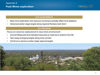 Peak Mines exploration
56
• Near-mine exploration and resource conversion partially offset mine depletion
• Advanced earlier stage targets along regional Rookery fault trend
2013 ACHIEVEMENTS
2014 PROGRAM
Focus on reserves replacement in near-mine environment
• Convert Measured and Indicated resources to reserves to extend mine life
• Test newly emerging targets along mine corridor
• Continue to advance earlier stage regional targets
Appendix 8
 