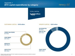 31
2015 capital expenditures by category
TOTAL CAPITAL
$480million
SUSTAINING CAPITAL: ~$145 million GROWTH CAPITAL: ~$335 million
NEW AFTON
$55 million
MESQUITE
$65 million(1)
PEAK MINES
$25 million
CERRO SAN PEDRO
$2 million
RAINY RIVER
$300 million
NEW AFTON
$25 million
BLACKWATER
$8 million
1. Mesquite sustaining capital includes $25 million of capitalized waste stripping that was previously scheduled to be expensed.
2. Totals may not add due to rounding.
Appendix 1
 