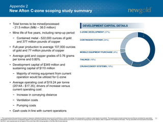 New Afton C-zone scoping study summary
35
• Total tonnes to be mined/processed
- 21.5 million (M&I – 38.0 million)
• Mine life of five years, including ramp-up period
− Contained metal - 522,000 ounces of gold
and 377 million pounds of copper
• Full-year production to average 107,000 ounces
of gold and 77 million pounds of copper
• Average gold and copper grades of 0.76 grams
per tonne and 0.80%
• Development capital of $349 million and
sustaining capital of $110 million
− Majority of mining equipment from current
operation would be utilized for C-zone
• Average operating cost of $19.24 per tonne
(2014A - $17.35); drivers of increase versus
current operating cost:
− Increase in conveying distance
− Ventilation costs
− Pumping costs
• Cash costs in line with current operations
DEVELOPMENT CAPITAL DETAILS
1. The scoping study discussed above is based on measured, indicated and inferred resources and is preliminary in nature. Accordingly, the scoping study is subject to a high degree of uncertainty. The scoping study includes mineral resources that are considered too speculative
geologically to have economic considerations applied to them that would enable them to be categorized as mineral reserves and there is no certainty the scoping study will be realized. Refer to Appendix 6 for additional information. The key parameters and assumptions associated
with the C- zone scoping study do not impact on the current New Afton mining operation or the New Afton B-zone reserves.
CRUSH/CONVEY SYSTEMS (19%)
TAILINGS (16%)
CONTINGENCY/OTHER (24%)
C-ZONE DEVELOPMENT (37%)
MOBILE EQUIPMENT PURCHASE (4%)
Appendix 2
 